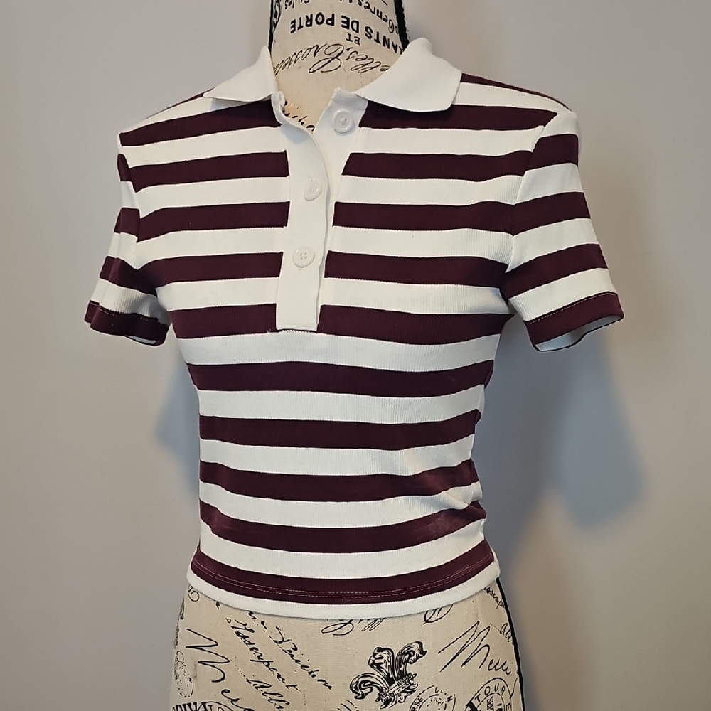 Primark Maroon and White Striped Polo Tee